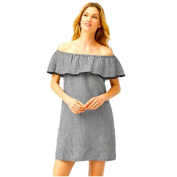 NWT TOMMY BAHAMA OFF THE SHOULDER RUFFLE GINGHAM DRESS BLACK & WHITE SIZE SMALL - Picture 1 of 9